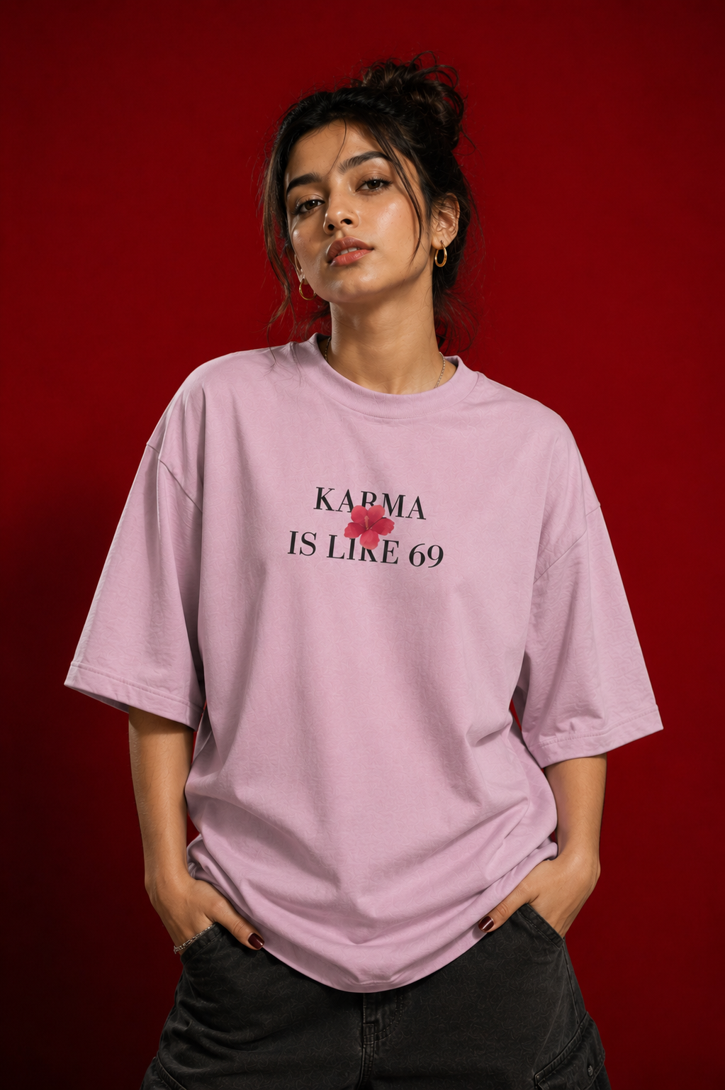 Karma Is Like 69 pink oversized graphic t-shirt worn by Indian streetwear model

For Subtext Life, I'd keep the product title relatively clean rather than stuffing keywords into it. The combination of product phrase + oversized T-shirt + graphic streetwear + brand gives you a good balance between search relevance and a premium-brand feel.